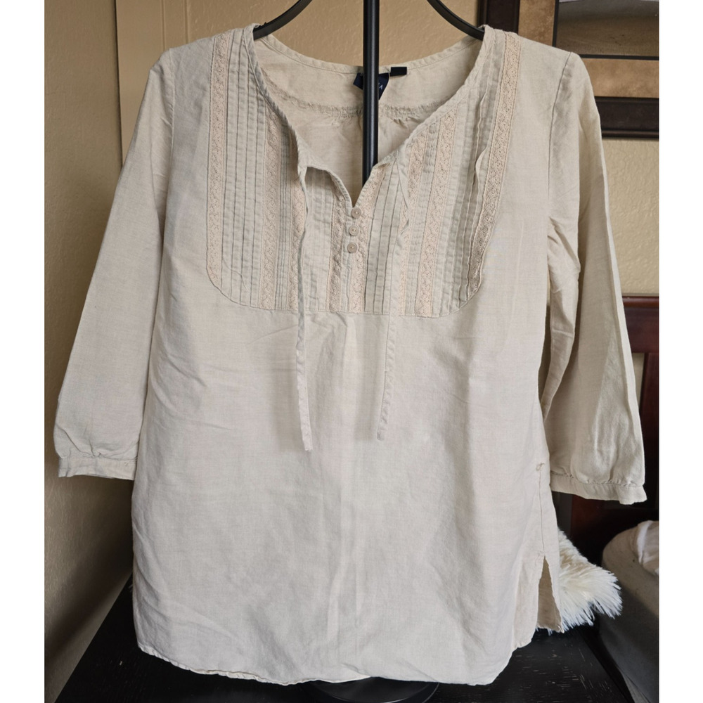 Rare Sonoma Linen Striped Embroidered 3/4 Shirt Women's Size Small Beige
